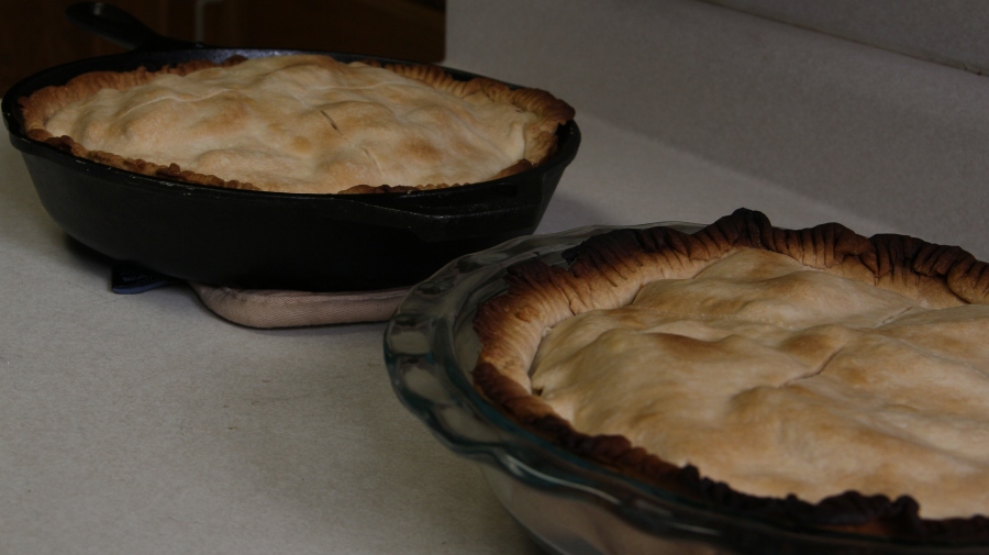 pie in cast iron skillet vs glass pan sitting on a counter